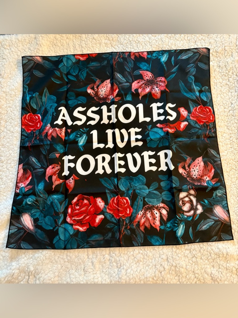 Floral Statement Scarf Wrap - Black with Red and Teal Floral Print
